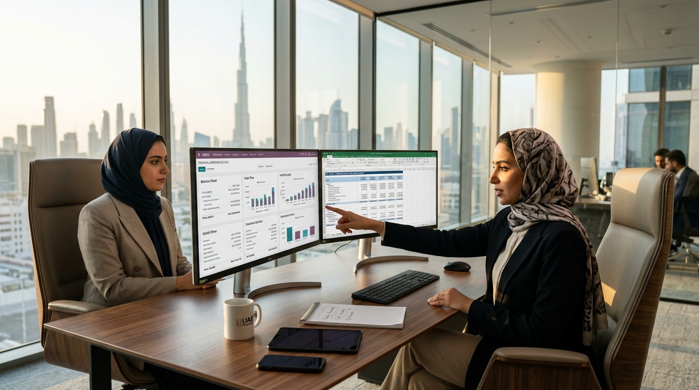 Corporate accounting team analyzing Tally ledgers in Dubai office